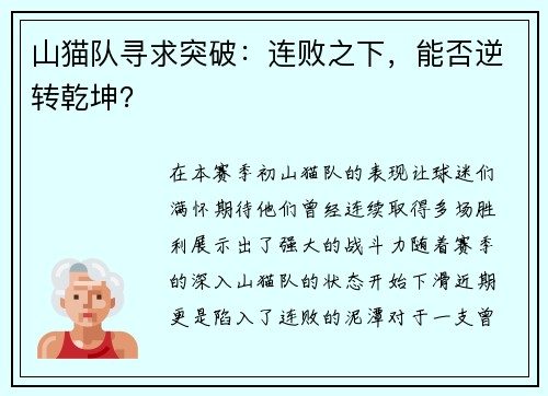 山猫队寻求突破：连败之下，能否逆转乾坤？