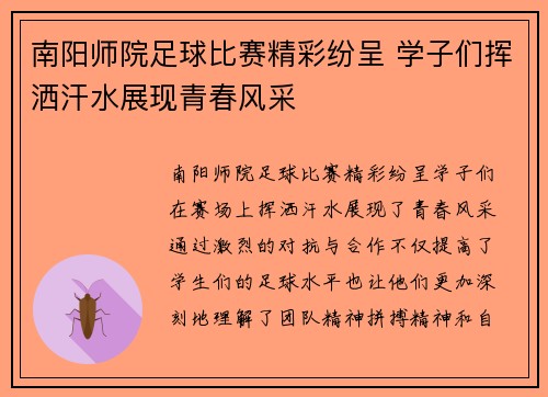 南阳师院足球比赛精彩纷呈 学子们挥洒汗水展现青春风采