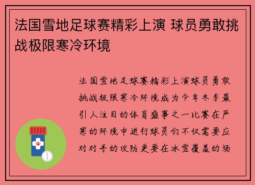 法国雪地足球赛精彩上演 球员勇敢挑战极限寒冷环境