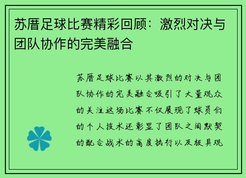 苏厝足球比赛精彩回顾：激烈对决与团队协作的完美融合