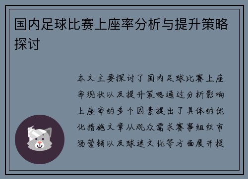 国内足球比赛上座率分析与提升策略探讨