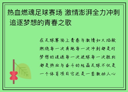 热血燃魂足球赛场 激情澎湃全力冲刺 追逐梦想的青春之歌
