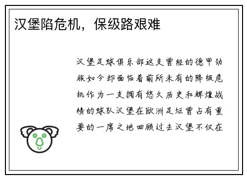 汉堡陷危机，保级路艰难