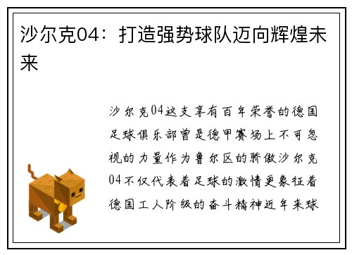 沙尔克04：打造强势球队迈向辉煌未来