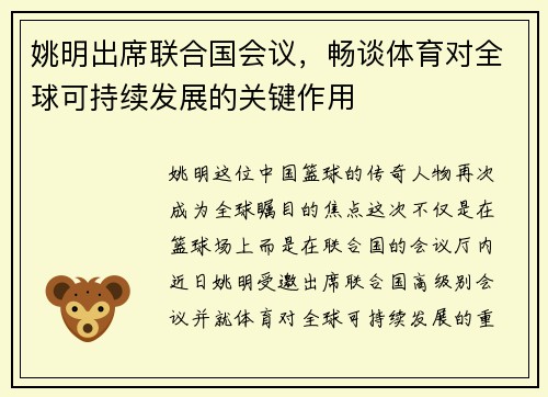 姚明出席联合国会议，畅谈体育对全球可持续发展的关键作用