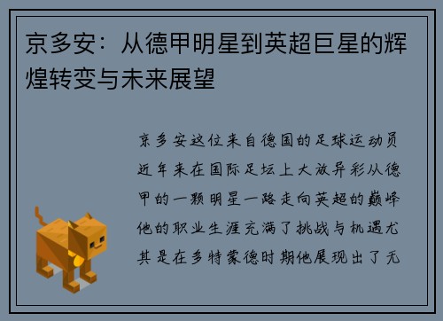 京多安：从德甲明星到英超巨星的辉煌转变与未来展望