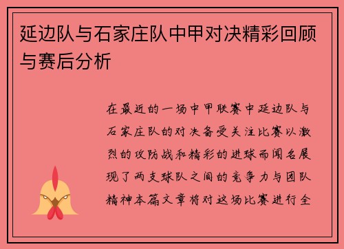 延边队与石家庄队中甲对决精彩回顾与赛后分析