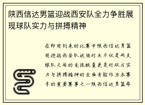 陕西信达男篮迎战西安队全力争胜展现球队实力与拼搏精神