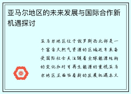 亚马尔地区的未来发展与国际合作新机遇探讨