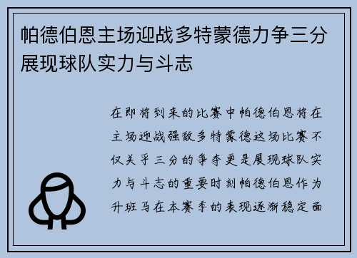 帕德伯恩主场迎战多特蒙德力争三分展现球队实力与斗志