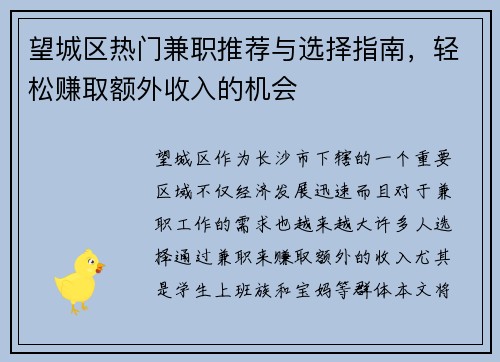望城区热门兼职推荐与选择指南，轻松赚取额外收入的机会