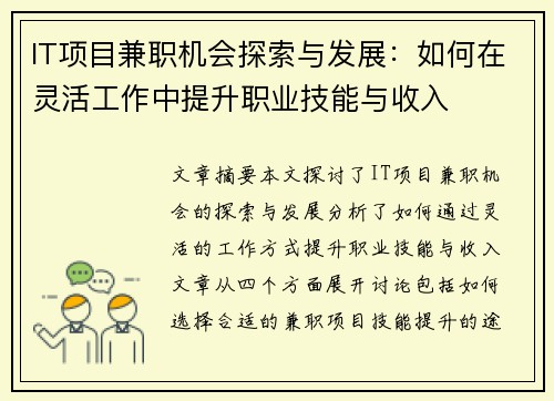 IT项目兼职机会探索与发展：如何在灵活工作中提升职业技能与收入