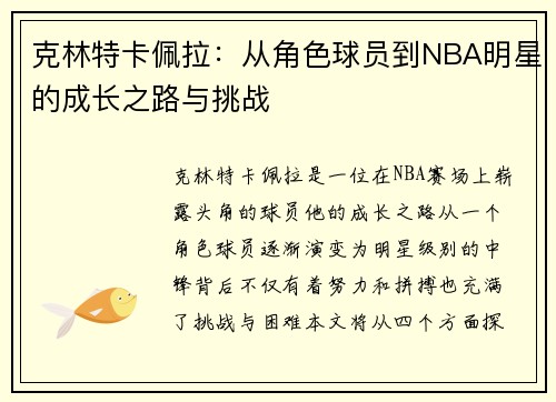 克林特卡佩拉：从角色球员到NBA明星的成长之路与挑战