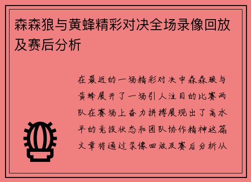 森森狼与黄蜂精彩对决全场录像回放及赛后分析